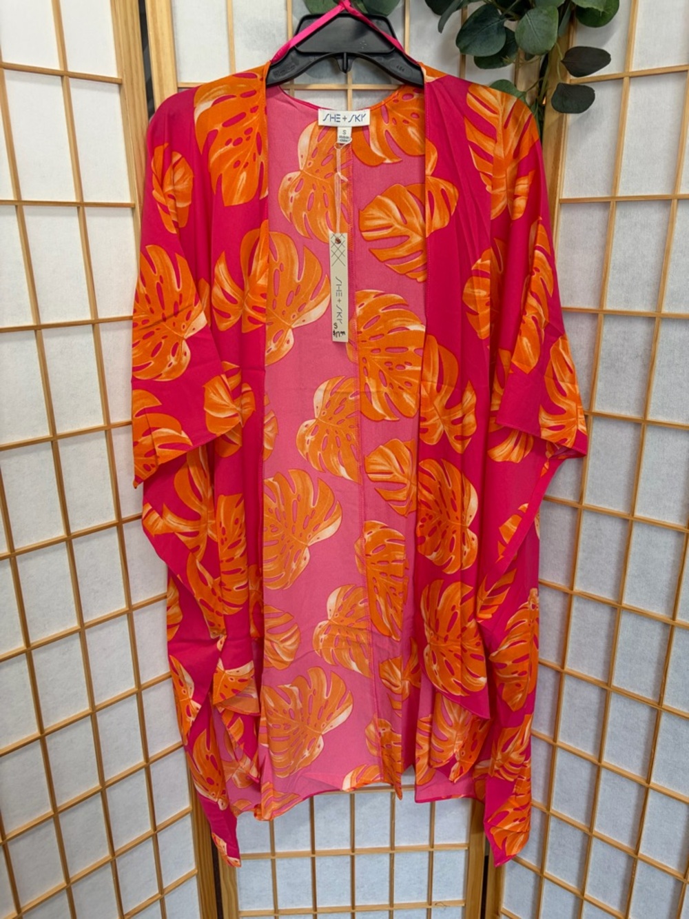 She + Sky Pink and Orange Tropical Leaf Swim Coverup